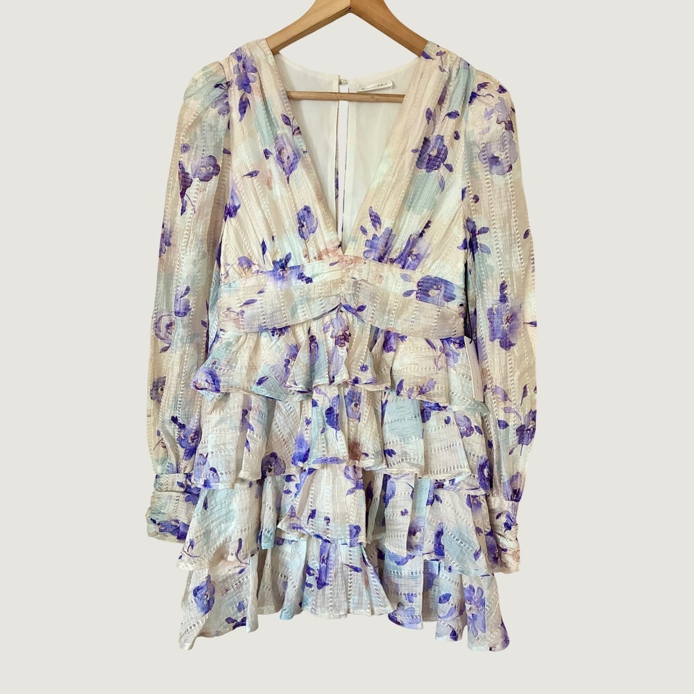 Line and Dot Purple Multi Floral Femme Ruffle Mini Dress  NWT Size S